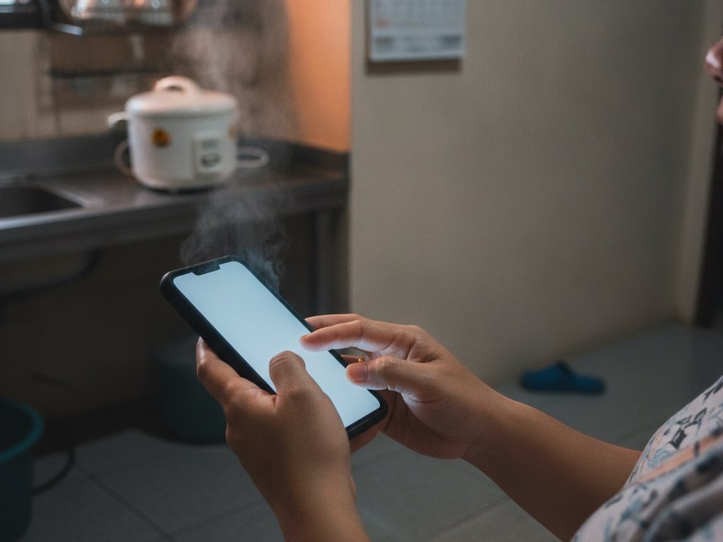 Paying the internet bill from a phone in a Filipino kitchen