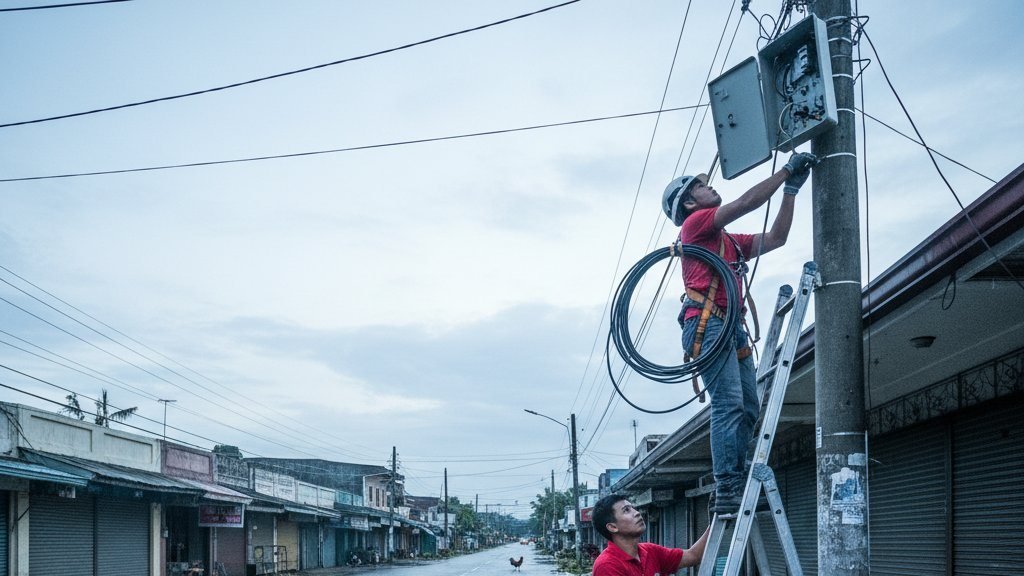 Two technicians restoring a line at dawn after a storm